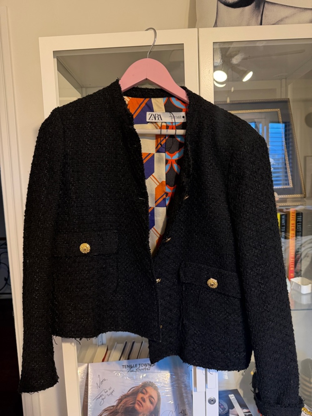 Zara Black Bouclé Cropped Jacket with Gold Buttons